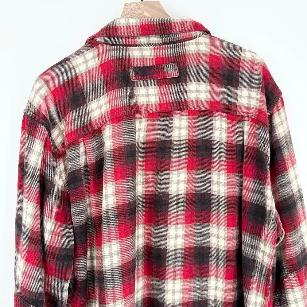 Woolrich Mens XL Flannel Shirt Red Black Plaid Heavy Cotton Elbow Patches FLAWED - Picture 5 of 15